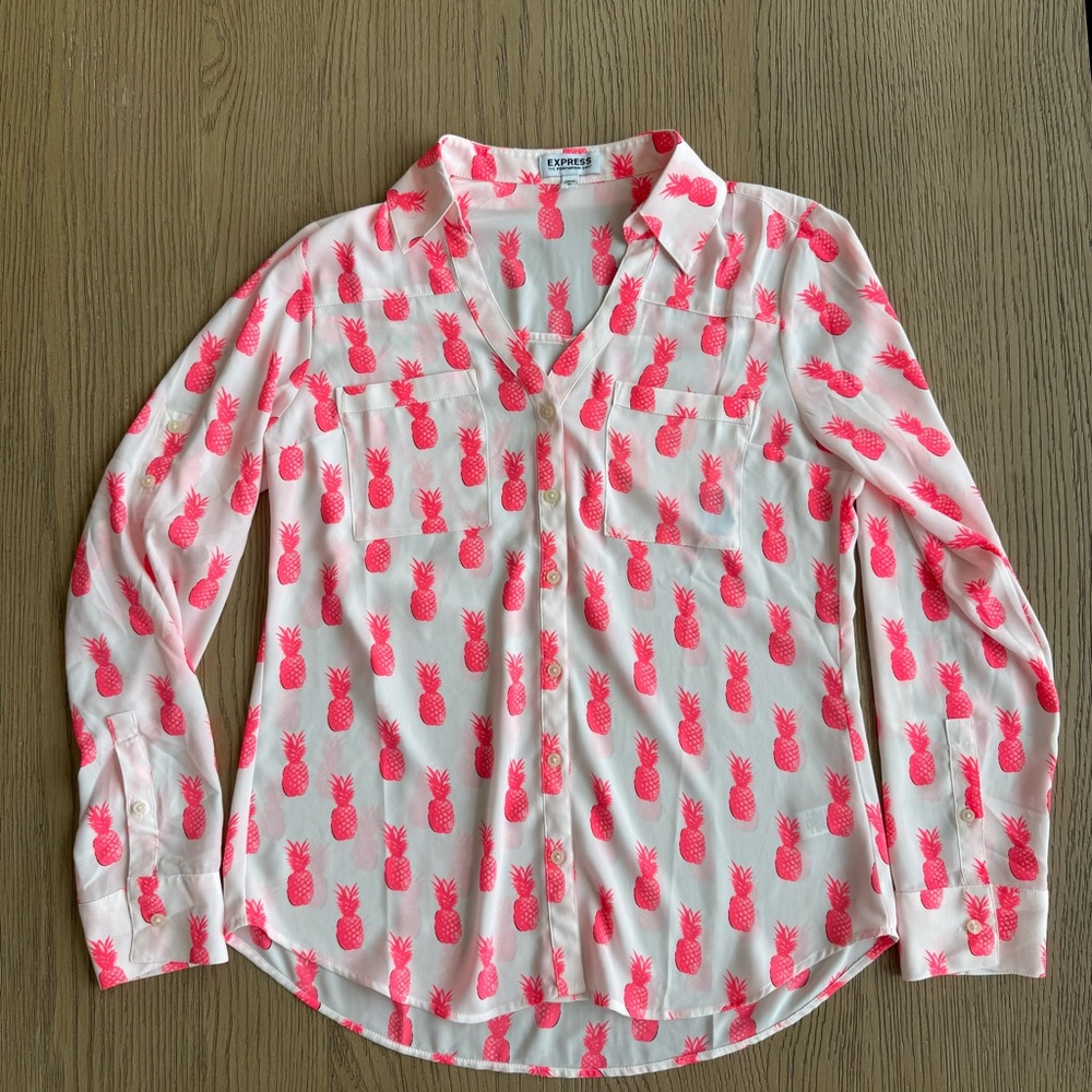 Express Neon Pink Pineapple Long Sleeve Portofino Shirt - Size Small